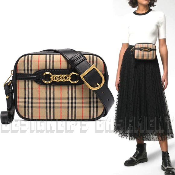 BURBERRY black leather LINK 1983 beige canvas Equestrian Knight Check Belt Bag - Picture 4 of 12